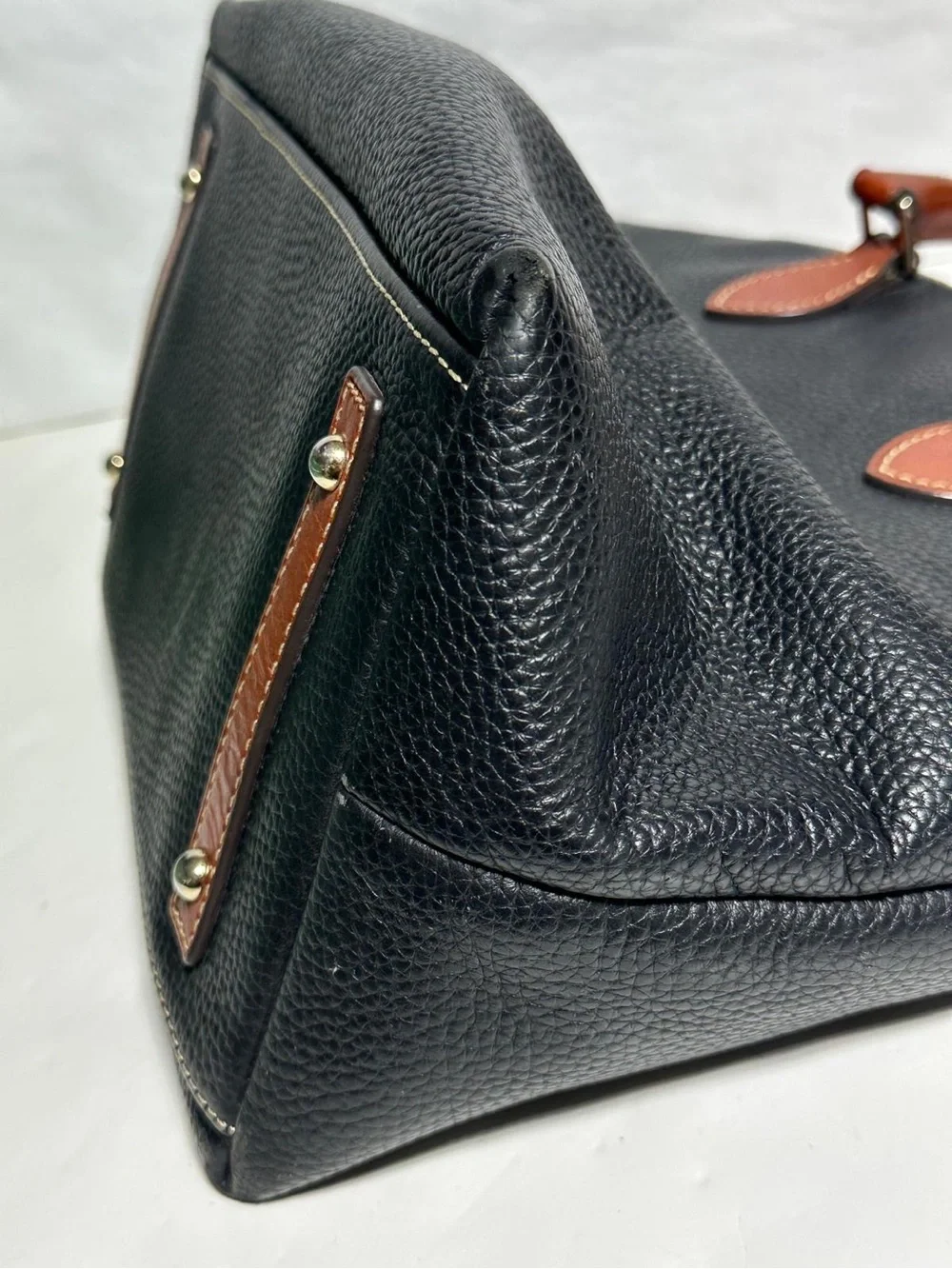 Dooney & Bourke Black Pebbled Leather Satchel with Brown Trim